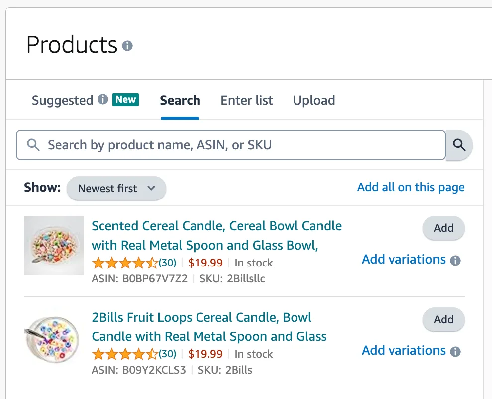 Lista de productos de la Amazon Ads console