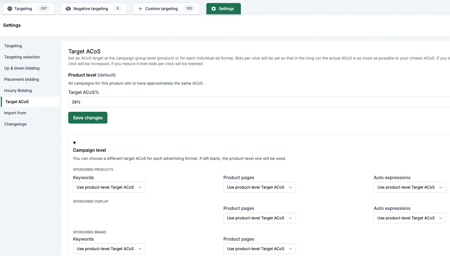 Target ACoS by campaign type